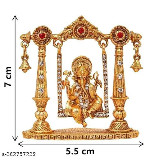 Antique gold metal Lord Ganpati on Jhula for car dashboard or home decor, ideal for Ganesh Chaturthi and gifting