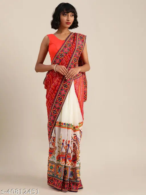 Festival-style embroidered saree with bandhani pallu