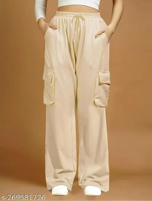 Khaki cargo pants with pockets and zippers, relaxed fit