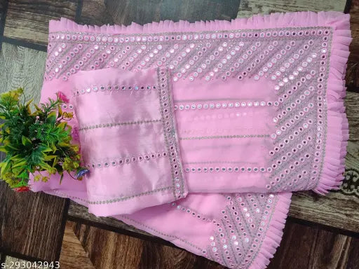Georgette sari with 9mm sequin embroidery, CPallu, pink dupatta and matching blouse. Perfect for parties, festivals and weddings