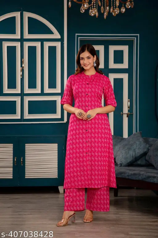 Pink cotton A-Line Kurta Set with Palazzos, Katha work, three quarter sleeves, and printed design. Women's fashion from Ishime, India