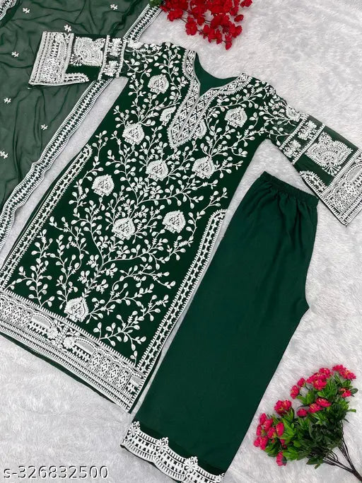 Green Georgette Embroidered Top and Palazzo with Dupatta Suit, featuring heavy chine stitch work on both top and bottom, soft butter silk palazzo, and a long dupatta made of georgette fabric