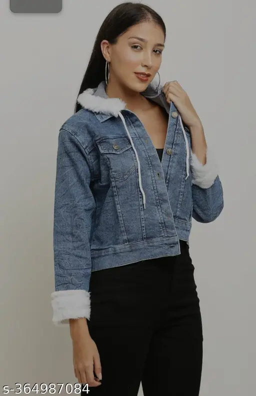 Blue denim cropped jacket with collar sleeves and fur trim, long sleeve women's denim jacket from India for casual wear