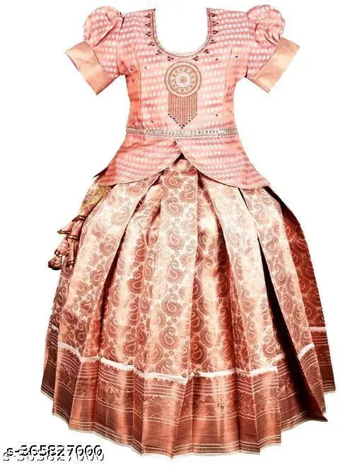 Art Silk Kids' Lehenga Choli Set with Embroidered Patterns, Jequard Silk Lehenga, Indian traditional Pattu Pavadai style, suitable for parties and festivals like Mahamaham Festival or Wedding