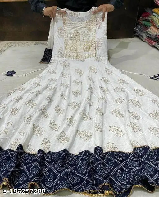 Trendy rayon long anarkali kurti with three-quarter sleeves, printed combo, available in multiple sizes (M - 48in) & Indian origin