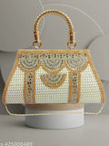 A gold embellished white purse with a beaded chain strap