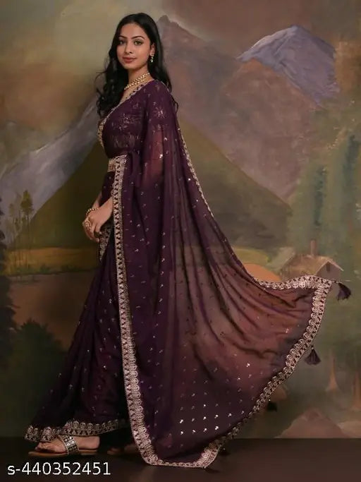 Purple embroidered sequined georgette sari