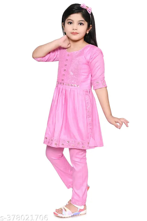 Pink cotton blend embroidered Kurta with straight fit cotton pants, pack of 2. Three-quarter sleeve, suitable for parties and birthdays. Indian ethnic fashion, blending tradition and modernity