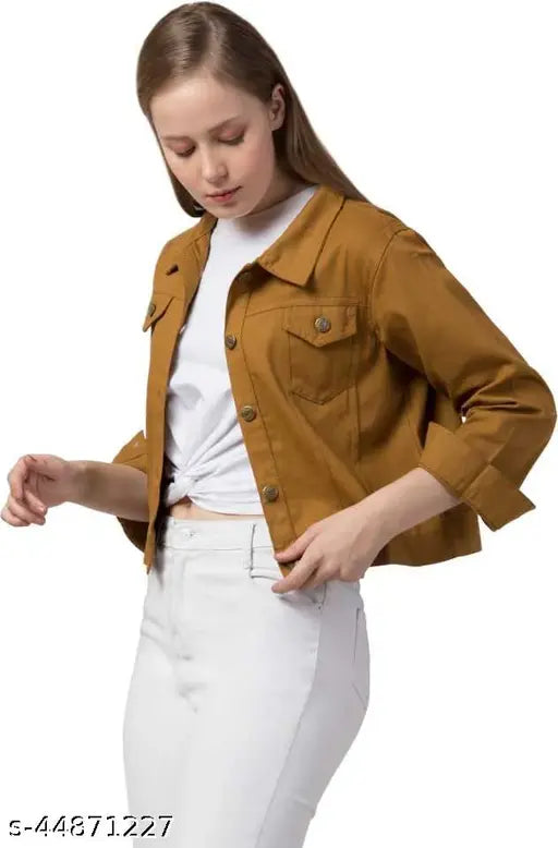 Denim women's light brown jacket, long sleeves, solid pattern, classic design, shank buttons, chest pockets. Timeless addition to any wardrobe, country of origin: India