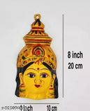Handmade yellow aluminum Yantra showpiece featuring Goddess Gowri, Varalakshmi, and Ammavari in intricate detail, measuring 15 cm