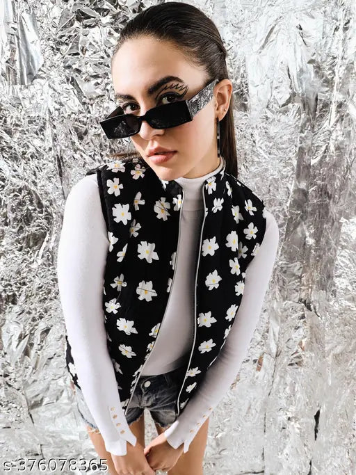 Sleeveless printed net crepe winter jacket for women, trendy style, size S (bust 34in, length 25in), made in India