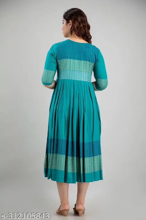 Printed Rayon Mayra Anarkali Kurti - Three-Quarter Sleeve, Round Neck, Flared Hem, M, L, XL, XXL