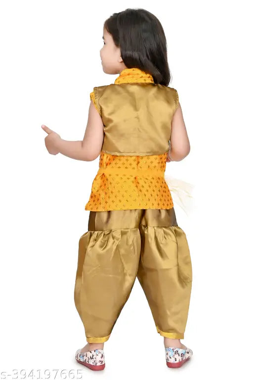 Patiala kurta set for kids, A-line chanderi silk patiala suit with zari woven short sleeves, suitable for baby girls aged 3-24 months. Indian-made traditional Punjabi attire for infants and toddlers