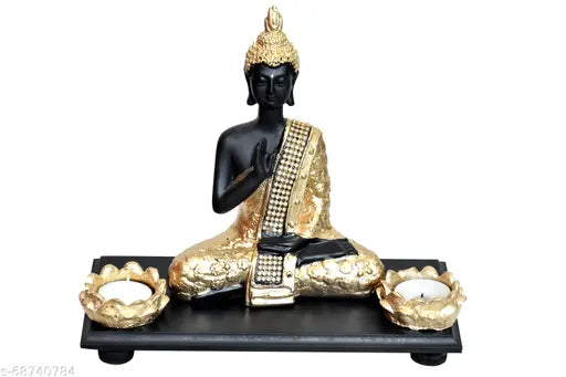 Brown polyresin meditating Buddha idol with wooden tray (20x11x20 cm) - home decor and gift option for spiritual ornamentation, office, and special occasions