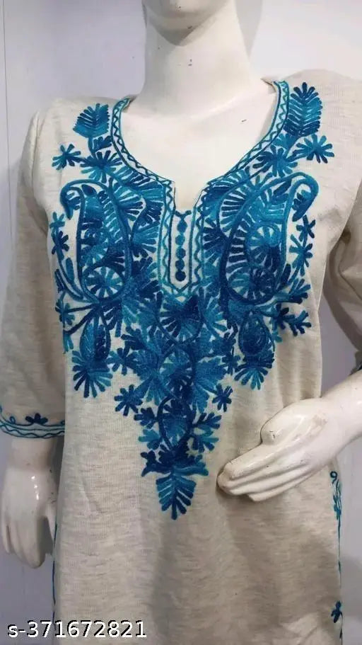 Winter elegance woolen kurti, intricate embroidery design, long sleeve