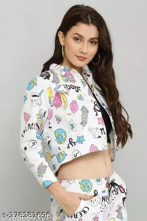 Denim long sleeves printed women's jacket, Indian-made, enhances wardrobe with regular collar and button front