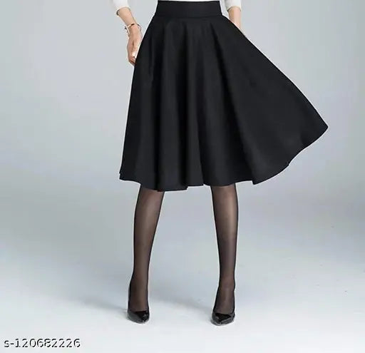 Black skirt, knee-length, flared hem, solid color
