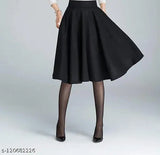 Black skirt, knee-length, flared hem, solid color