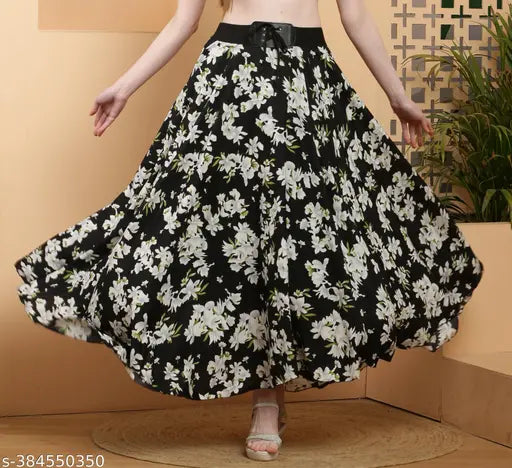 Black Neoen 2024 floral print crepe skirt, printed net with intricate design, fashionable wear for women
