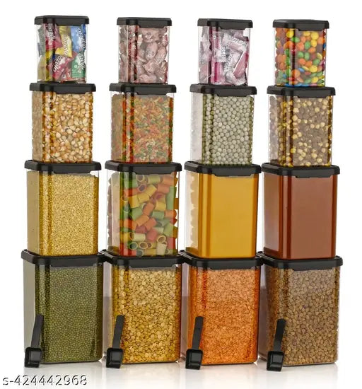 Black plastic grocery storage containers, pack of 16, various sizes: 1400ml, 950ml, 650ml, 350ml