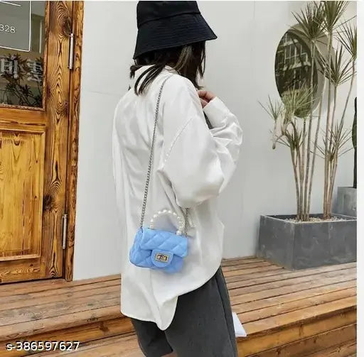 Women's sling bag, blue fabric, shoulder strap