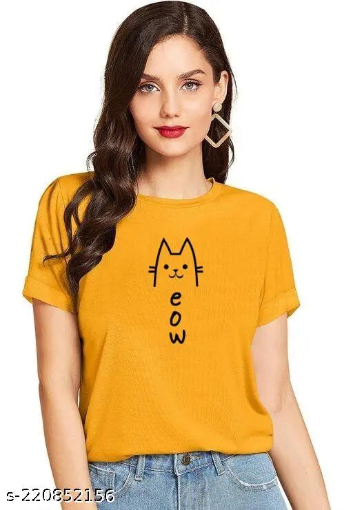 Cute MEOW print cotton t-shirt, short sleeves for women & girls (S/36in), stylish & trendy by ELEVAJAET