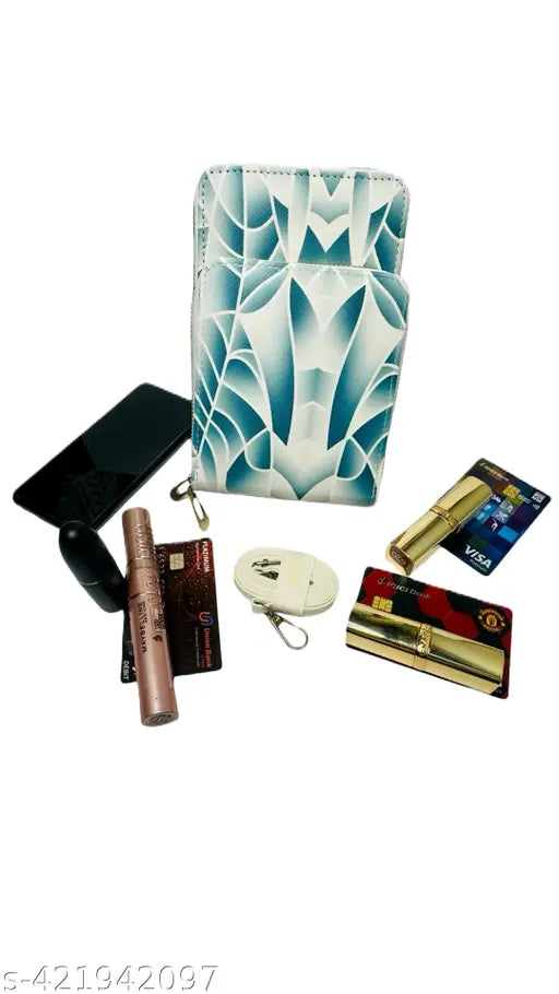Black and blue crossbody purse with multiple compartments for mobile wallet, bank cards, and personal items