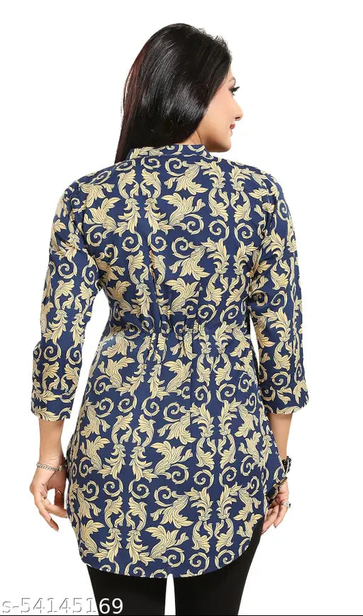 Blue and yellow printed crepe three-quarter sleeve dress top by Aakarsha Refined Dresses for women