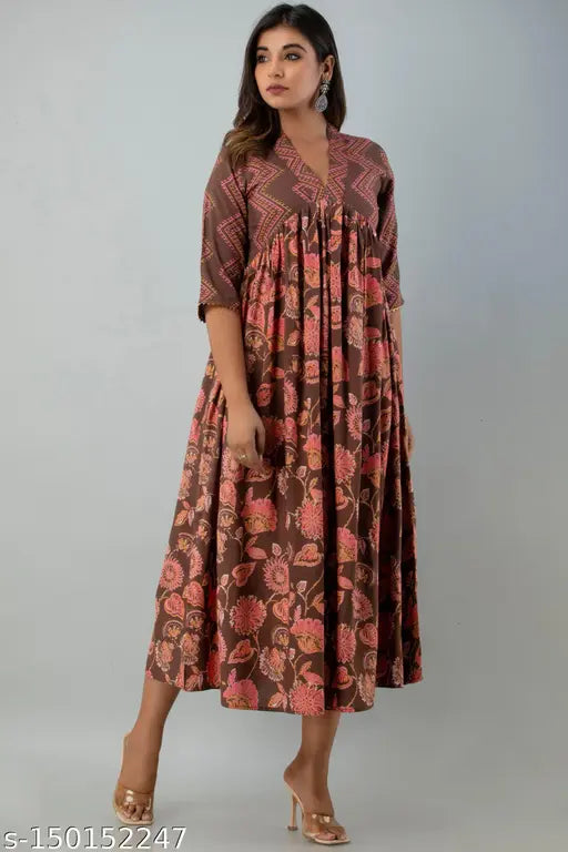 Brown Rayon Printed Anarkali Kurta with V-Neck and Three-Quarter Sleeves, perfect for casual or evening wear. Authentic Indian brand." (107 characters)
