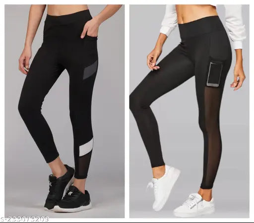 Green Shade striped net lycra track pants for women (pack of 2), ideal for gym & tracking wear