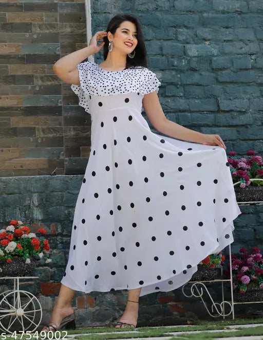 Polka dot women's knee length dress with long sleeves
