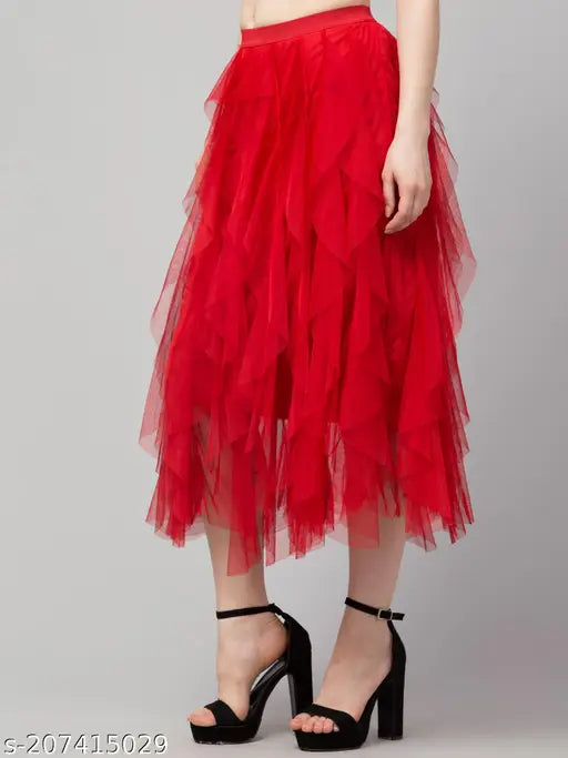 Trendy mesh net flared long frill skirt, solid pattern with Shantoon lining, regular fit, calf length, available in sizes 26-34