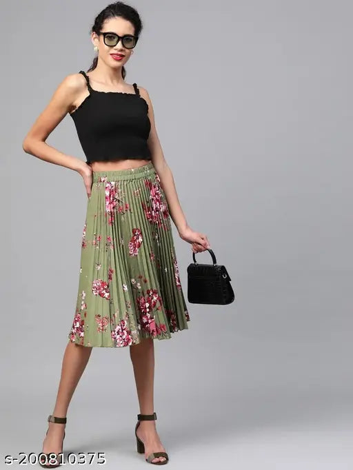 Green striped floral printed pleated crepe skirt for women - knee length, casual-chic ensemble, elastic waistband
