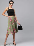 Green striped floral printed pleated crepe skirt for women - knee length, casual-chic ensemble, elastic waistband