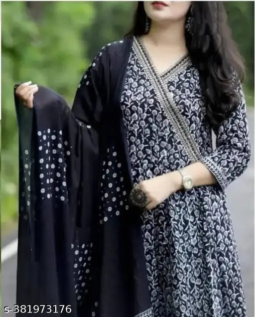 Black premium printed designer Anarkali embroidery rayon kurta set with pant and cotton dupatta, stylish traditional Indian women's attire on display