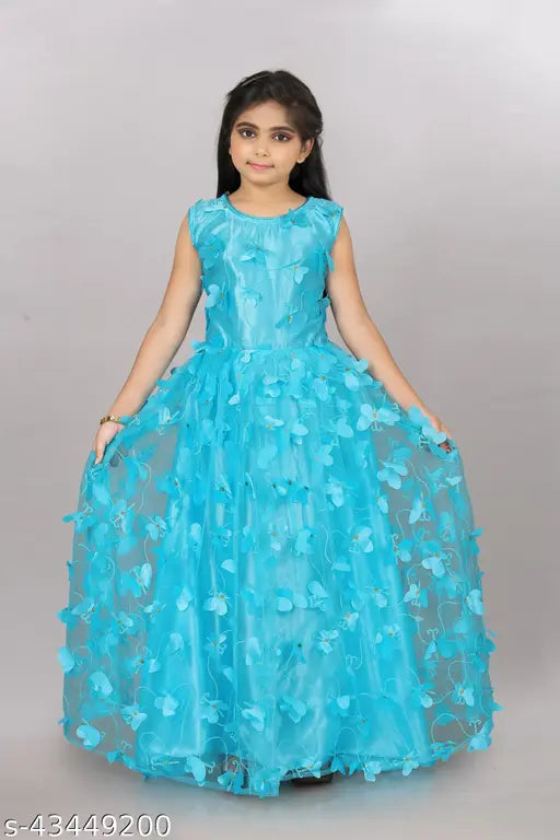 Aqua blue net frock for girls (2-12 years), embellished with butterflies, hand-washable, made in India