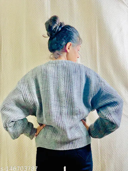 Grey striped wool long-sleeve trendy sweater, suitable for ladies and girls, hand wash, cold winter fashionable, paired with leggings, jeans, or chinos. Made in India