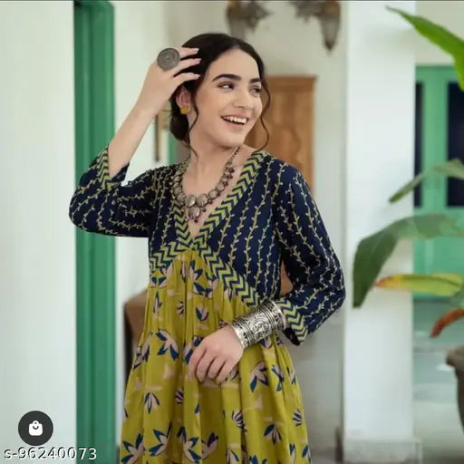 Rayon printed three-quarter sleeve middi gown, vibrant Indian design