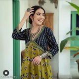 Rayon printed three-quarter sleeve middi gown, vibrant Indian design