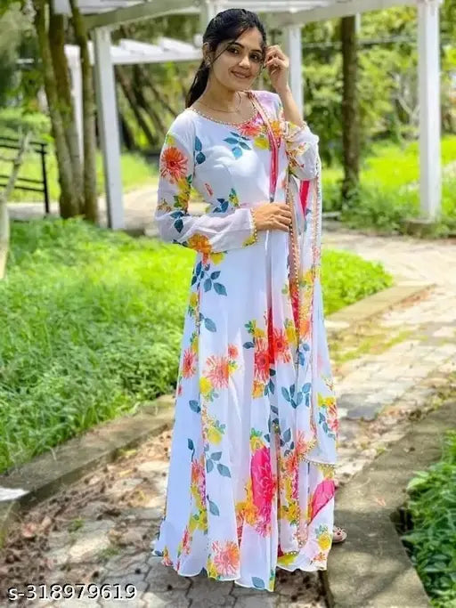Printed Georgette gown, long sleeves, vibrant Indian design