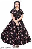 Girls black floral print flared maxi dress, crepe fabric, short sleeves, knee-length skater/A-line style, printed pattern, modern design, handcrafted western dress, made for 6-13 year-olds