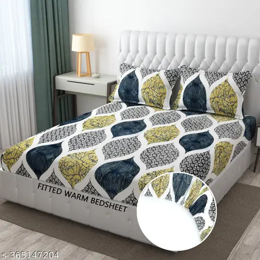 200 TC Fleece King Self Design Fitted (Elastic) warm Bedsheet (Pack of 1, Multicolor)