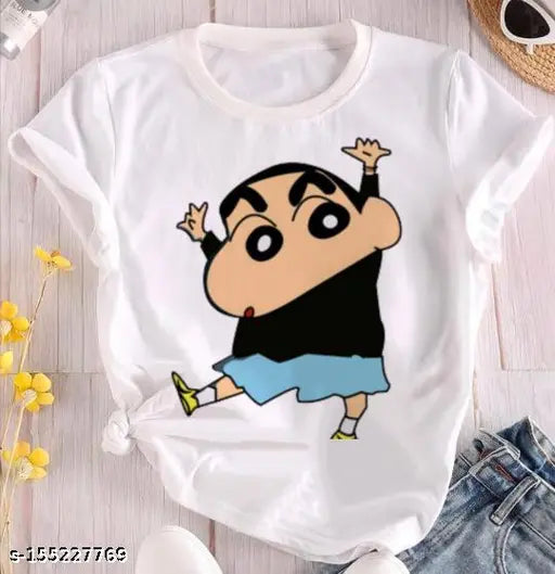 Polycotton SHINCHAN Cartoon t-shirt, short sleeves, printed design. Close-up of black panda eating