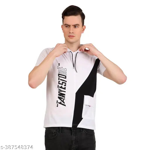 Men's cotton blend half sleeve hoodie, affordable and top-quality party/casual wear - short sleeves, printed design, S (36in x 25in), M (38in x 27in), L (40in x 28in), XL (42in x 29in) - Indian origin