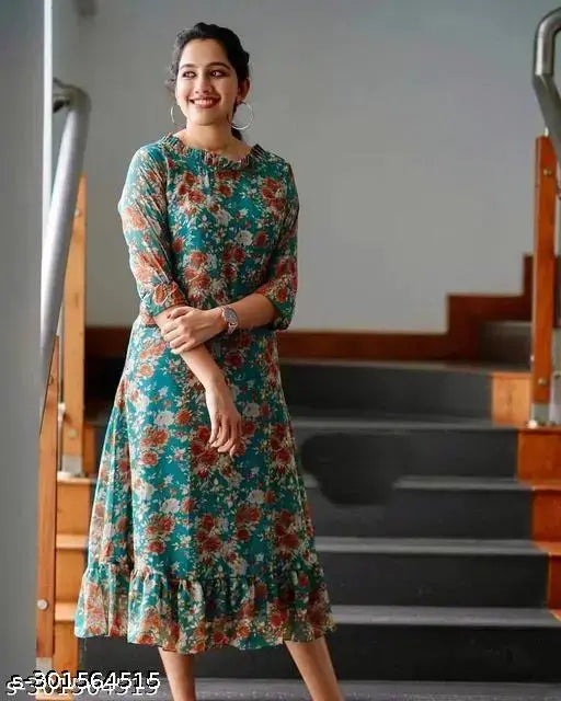 Brown Georgette Printed Maxi Dress with Three-Quarter Sleeves, Indian design on display stand