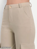 Cream viscose rayon high-rise cargo pants with slanted inset pocket and flap patch, stretchable for casual and formal wear