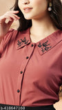 WineRed women's pink collared shirt with contrast embroidery, solid polyester long-sleeve blouse with embroidered collar and functional buttons, available in XL (42in bust, 25in length) and XXL (44in bust, 25in length), made in India