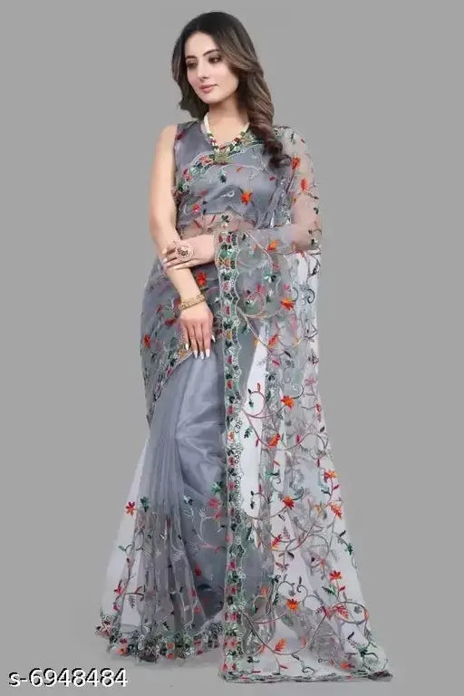 Embroidered free-size Cut work Net Saree with separate cotton blouse, Indian fashion