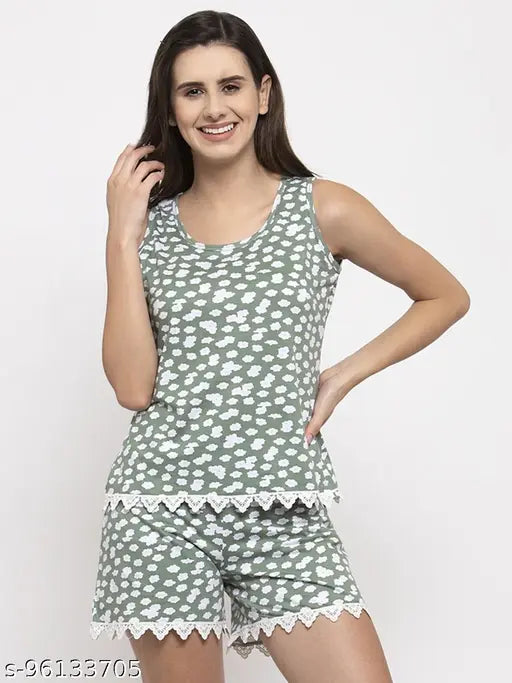 Claura cotton nightsuit for women - short & sleeveless printed net hosiery set, India-made