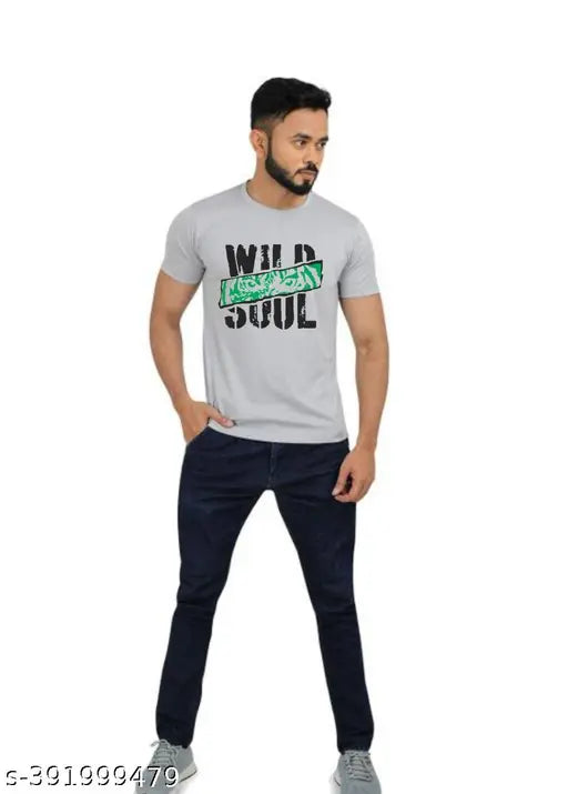Men's grey Lycra short sleeves printed t-shirt, stylish fitness and party wear from India